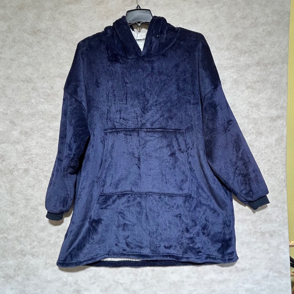 Navy Blue Oversized Wearable Blanket Hoodie Sherpa Lined Fleece Pullover